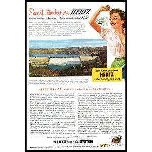 1953 Hertz Rent a Car Vintage Print Ad Grand Coulee Dam Washington Wall Art